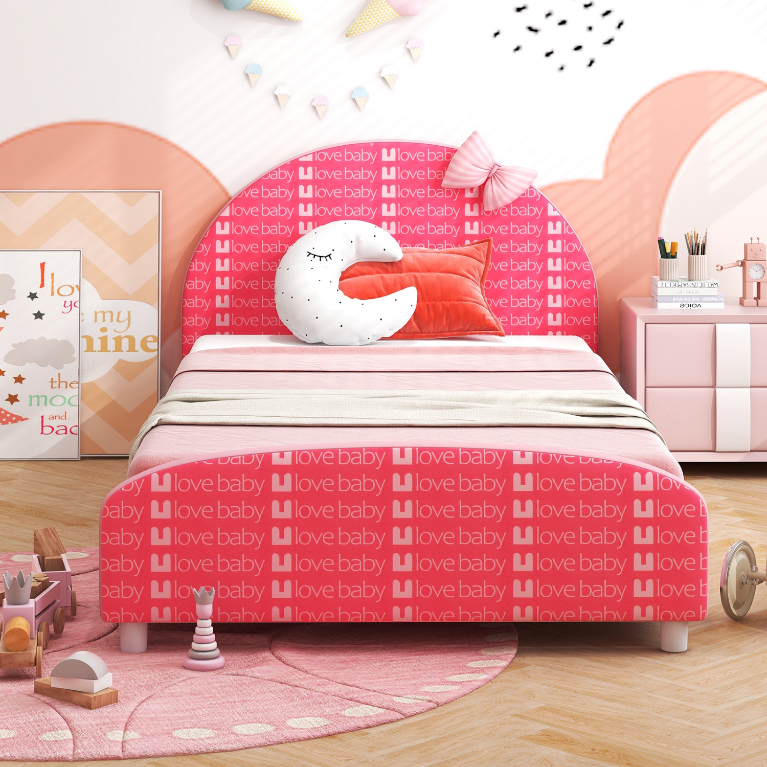 Honeyjoy Children – lit simple plateforme recouvert, tête et pied de lit, rose, pour lit simple