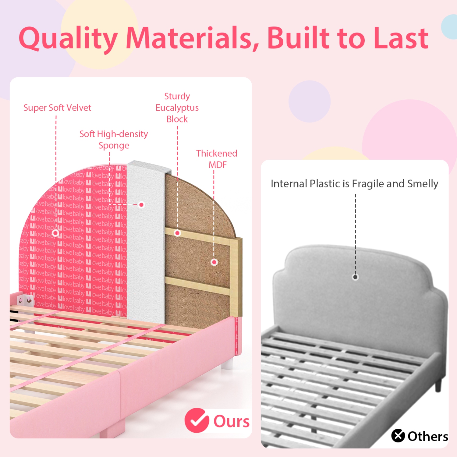 Honeyjoy Children – lit simple plateforme recouvert, tête et pied de lit, rose, pour lit simple