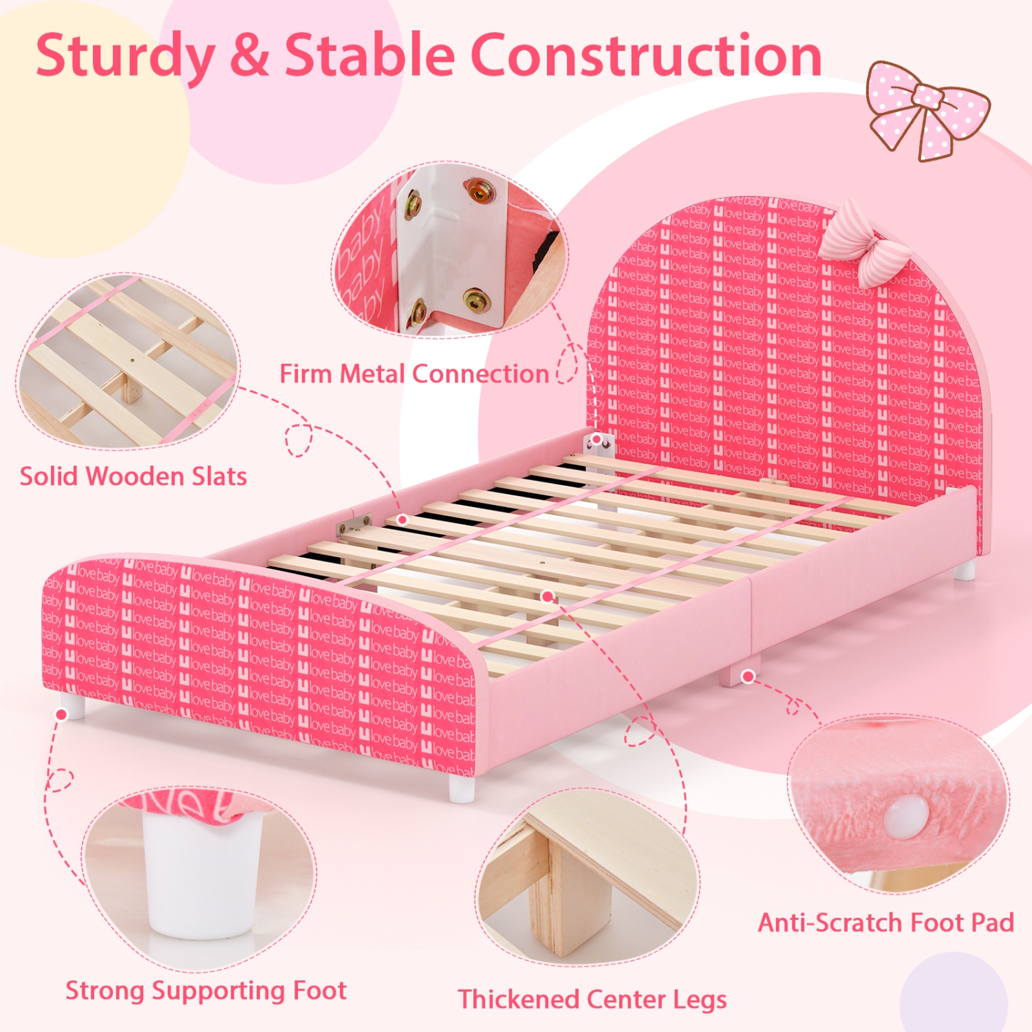 Honeyjoy Children – lit simple plateforme recouvert, tête et pied de lit, rose, pour lit simple