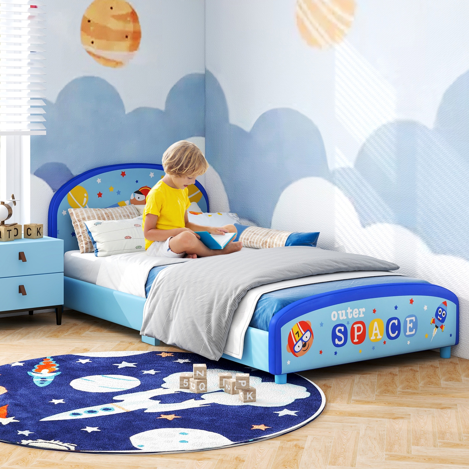 Honeyjoy Children – lit simple plateforme recouvert avec tête et pied de lit, bleu