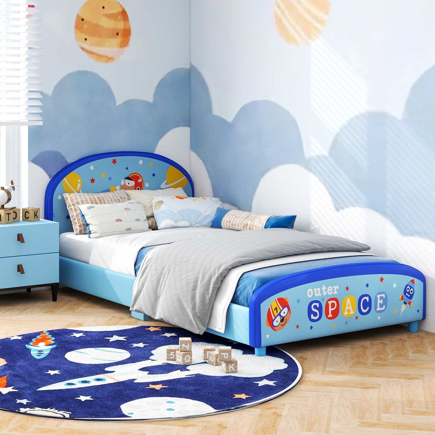 Honeyjoy Children – lit simple plateforme recouvert avec tête et pied de lit, bleu