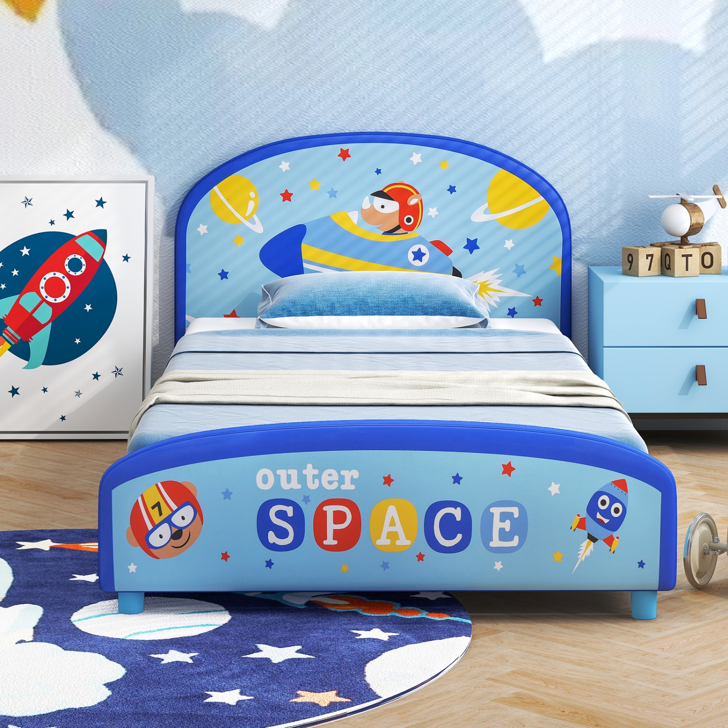 Honeyjoy Children – lit simple plateforme recouvert avec tête et pied de lit, bleu