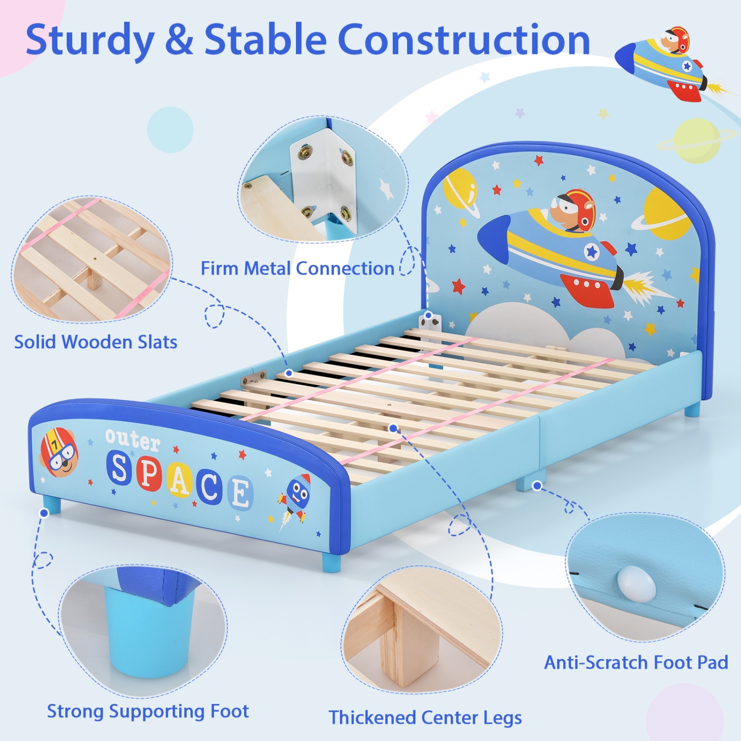 Honeyjoy Children – lit simple plateforme recouvert avec tête et pied de lit, bleu