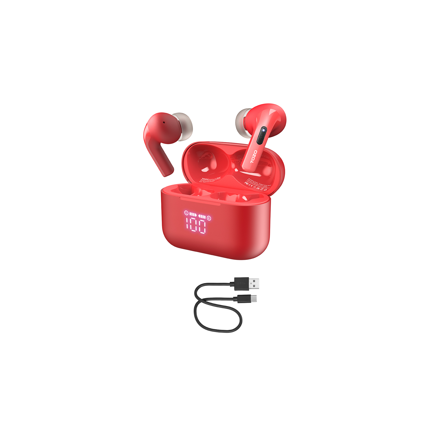 TOZO T20 Wireless Earbuds Bluetooth Headphones with LED Digital Display Built-in Mics Call Noise Cancelling -Red