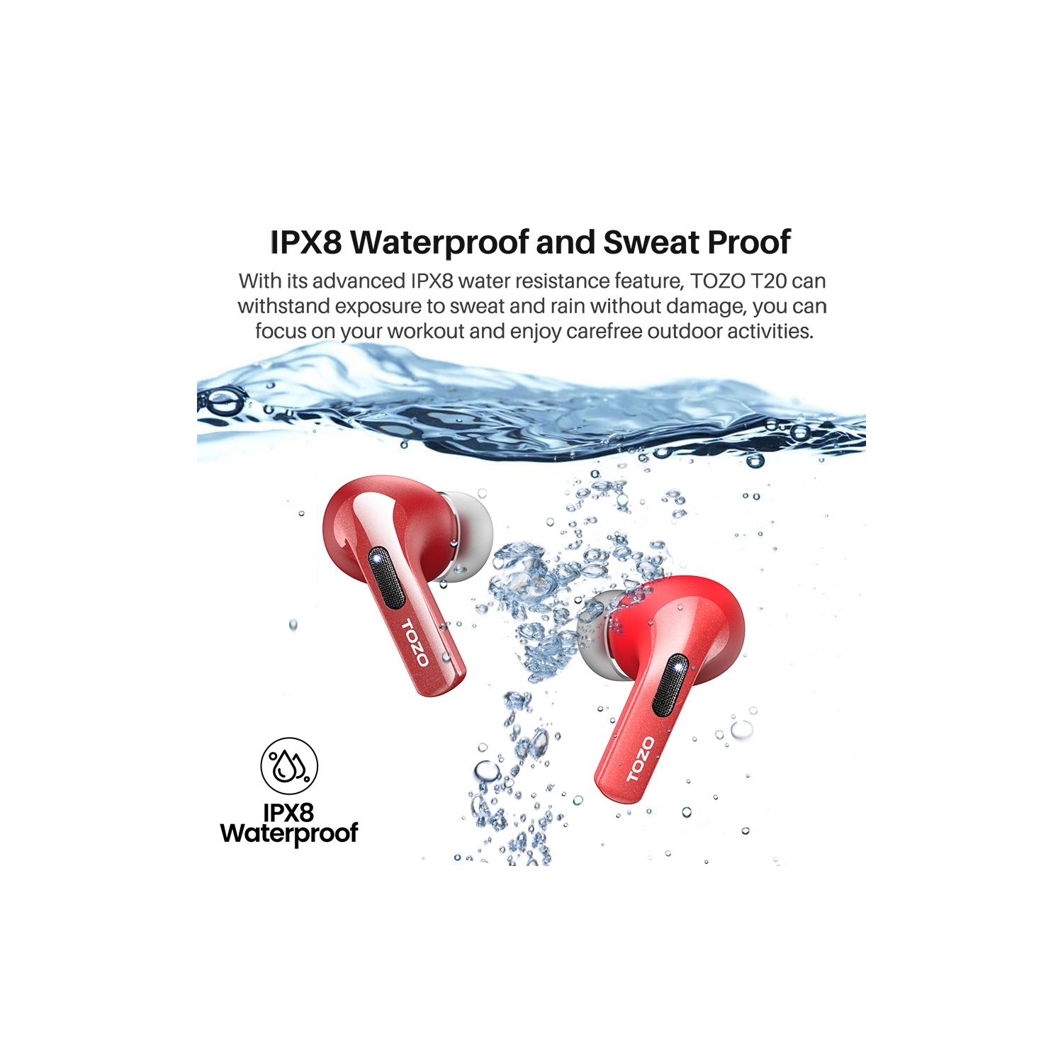 TOZO T20 Wireless Earbuds Bluetooth Headphones with LED Digital Display Built-in Mics Call Noise Cancelling -Red