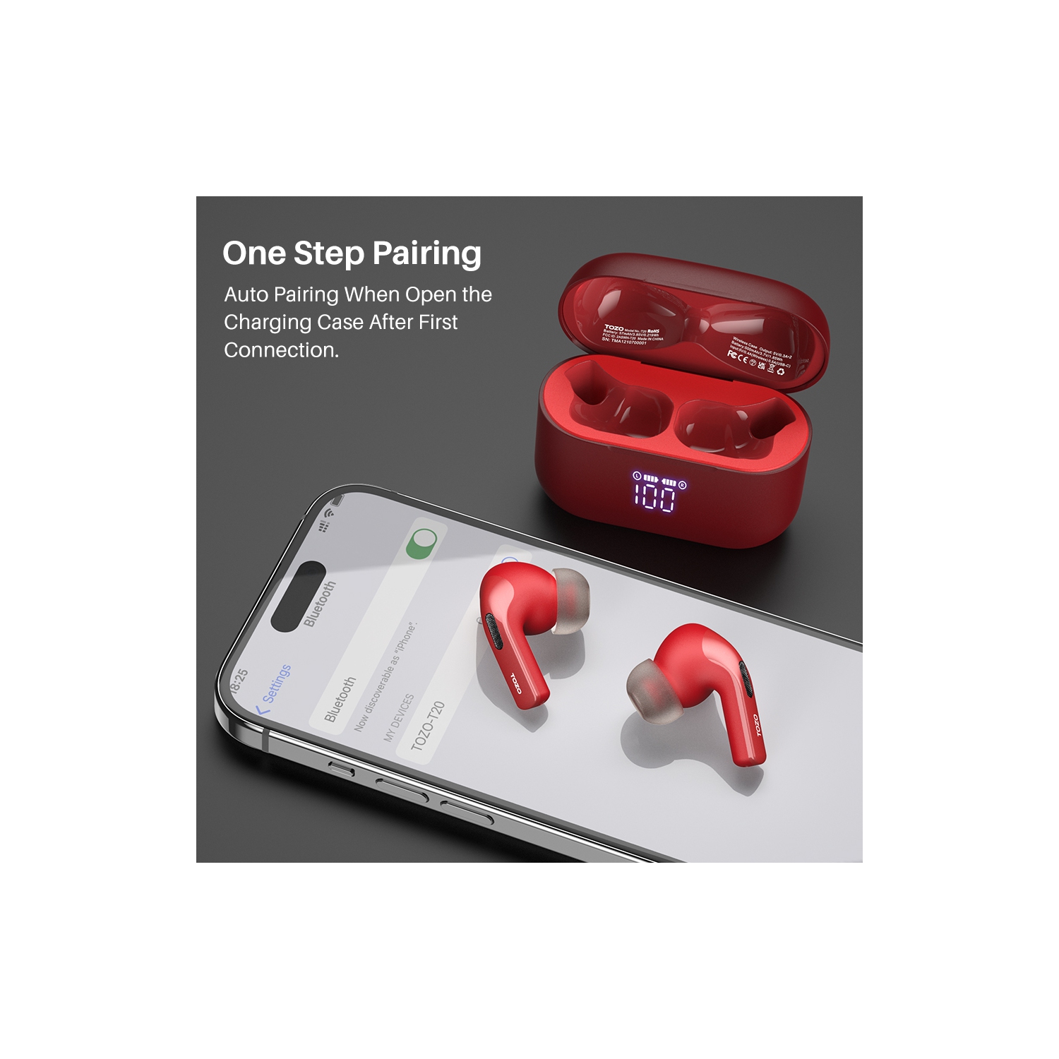 TOZO T20 Wireless Earbuds Bluetooth Headphones with LED Digital Display Built-in Mics Call Noise Cancelling -Red
