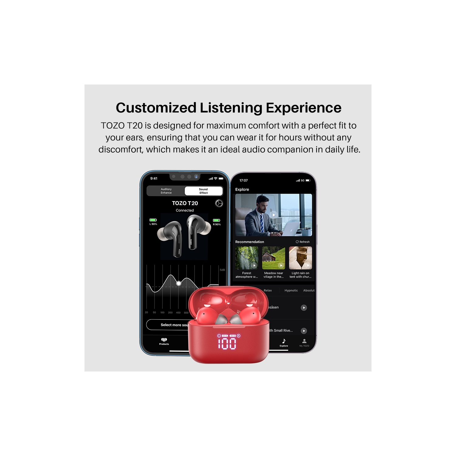 TOZO T20 Wireless Earbuds Bluetooth Headphones with LED Digital Display Built-in Mics Call Noise Cancelling -Red