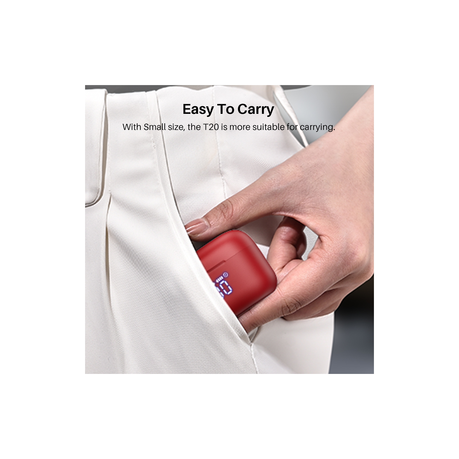 TOZO T20 Wireless Earbuds Bluetooth Headphones with LED Digital Display Built-in Mics Call Noise Cancelling -Red