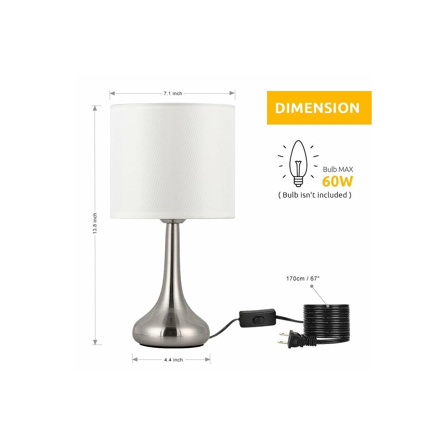 Modern Night Stand Bedside Lamp Living Room/Bedroom Night Stand with Brushed Nickel Base