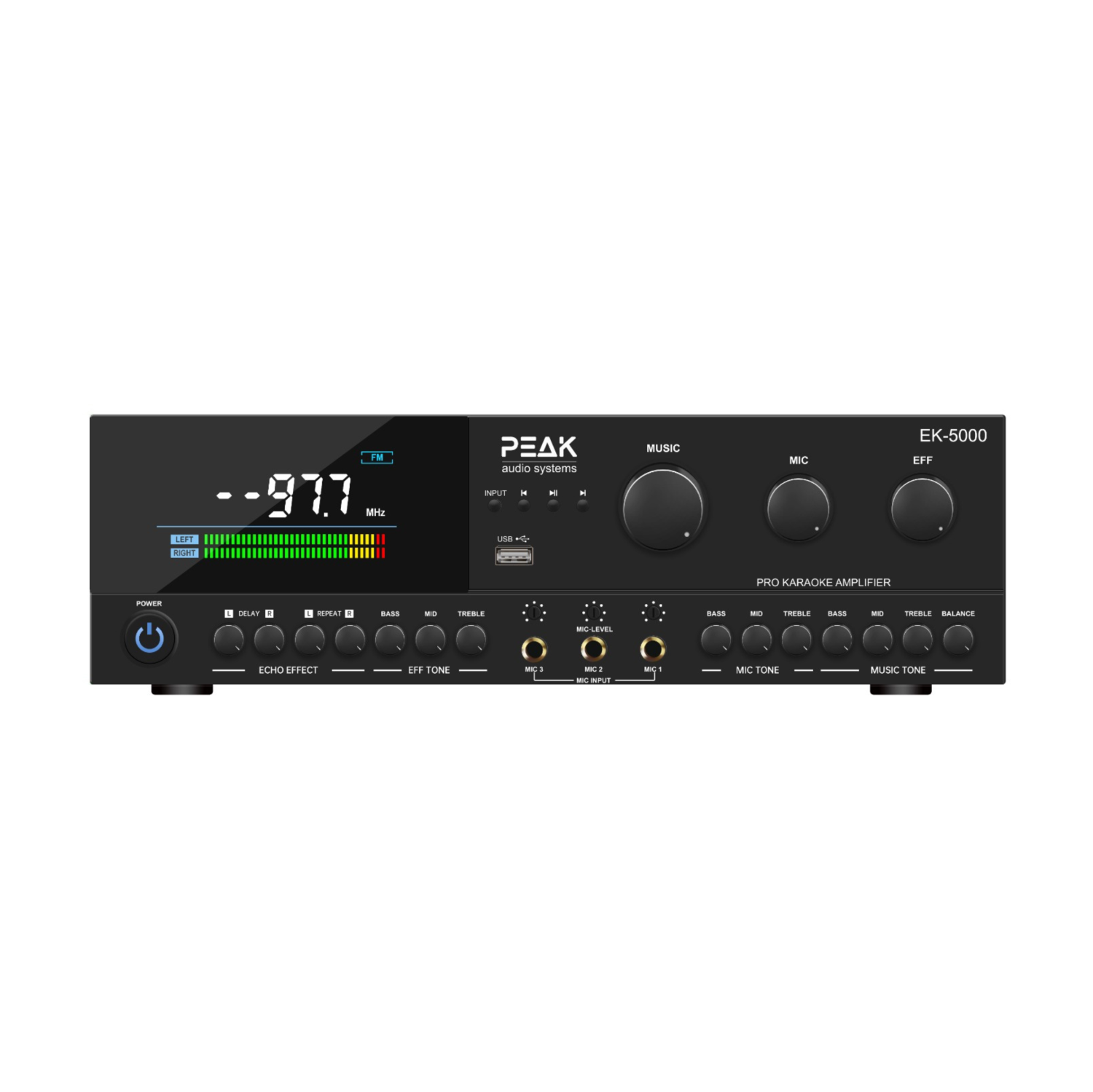 PEAK Karaoke Ultimate Bluetooth Stereo Amplifier: Optical Input, Echo, Delay, Retro-Digital Display, 4 Speaker connections, AUX, AM/FM - PK-AMP-003