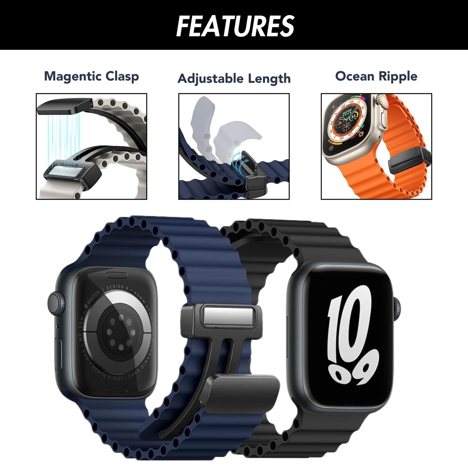 Bracelet ondulé océan en silicone à fermoir magnétique de Bandini pour Apple Watch Band Series 11 10/9/8/7/6/5/4/3/2/1/SE - 42/41/40/38mm - Orange