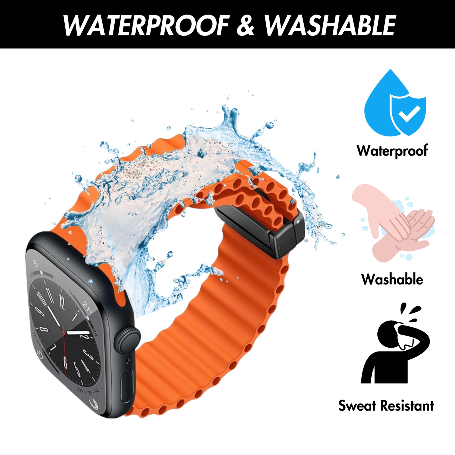 Bracelet ondulé océan en silicone à fermoir magnétique de Bandini pour Apple Watch Band Series 11 10/9/8/7/6/5/4/3/2/1/SE - 42/41/40/38mm - Orange