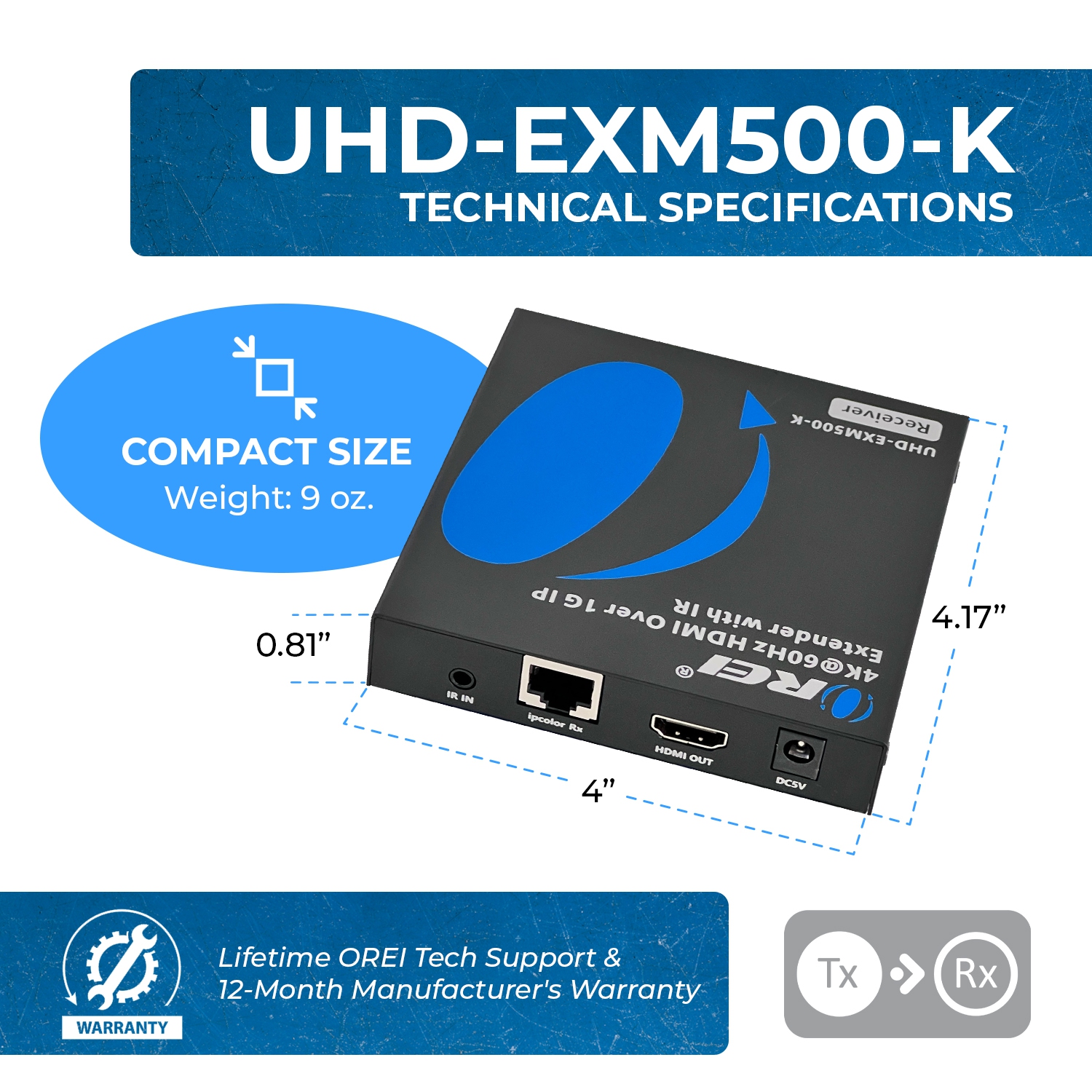 Prolongateur HDMI 4K OREI sur câble Cat6/7 jusqu'à 500 pi - IR et RS-232