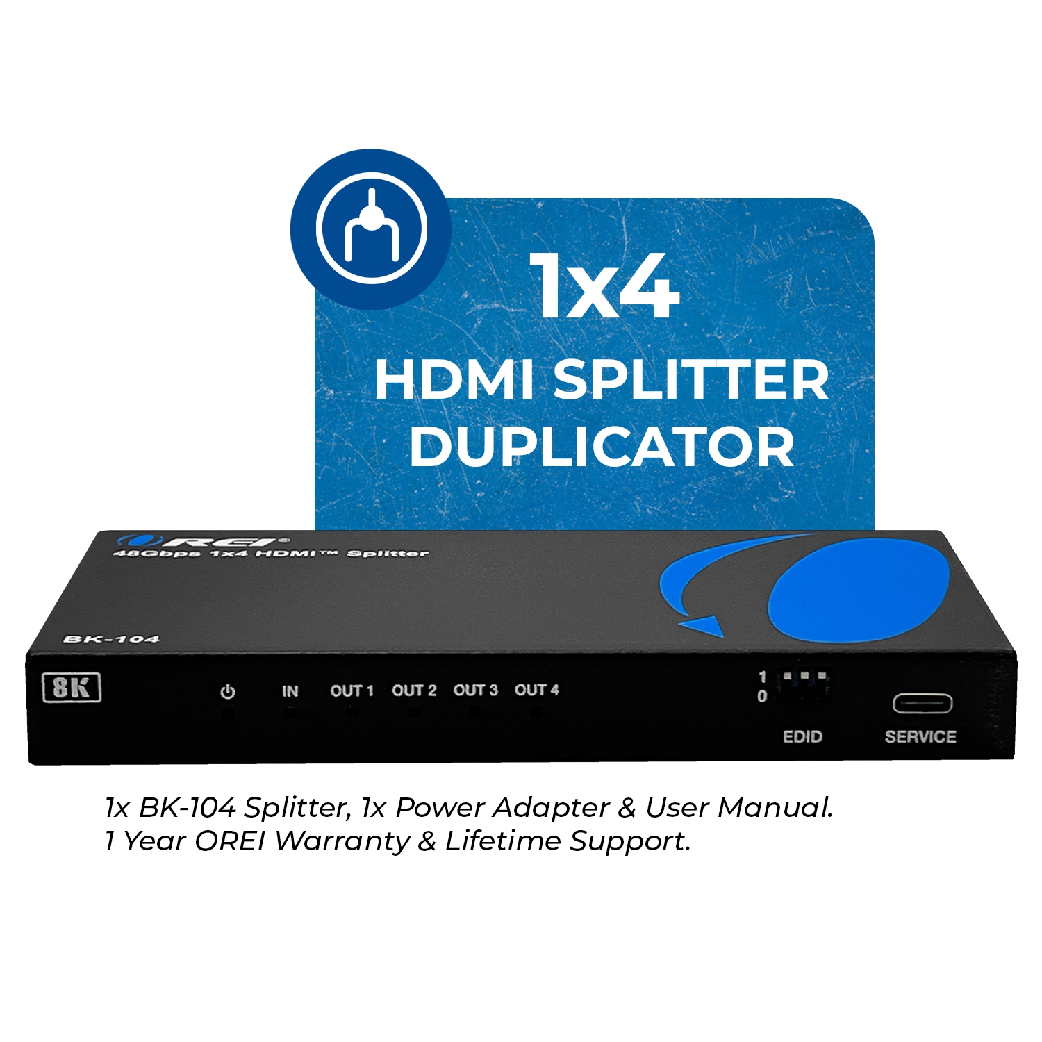 OREI 1x4 HDMI Splitter W/ Audio Out: 1-In 4-Out, UltraHD 8K, EDID