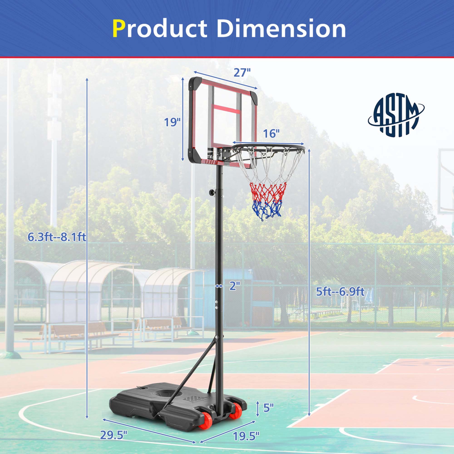 Support de panier de basketball portatif 6,3FT-8,1FT de Costway réglable avec roues et protecteurs de bords