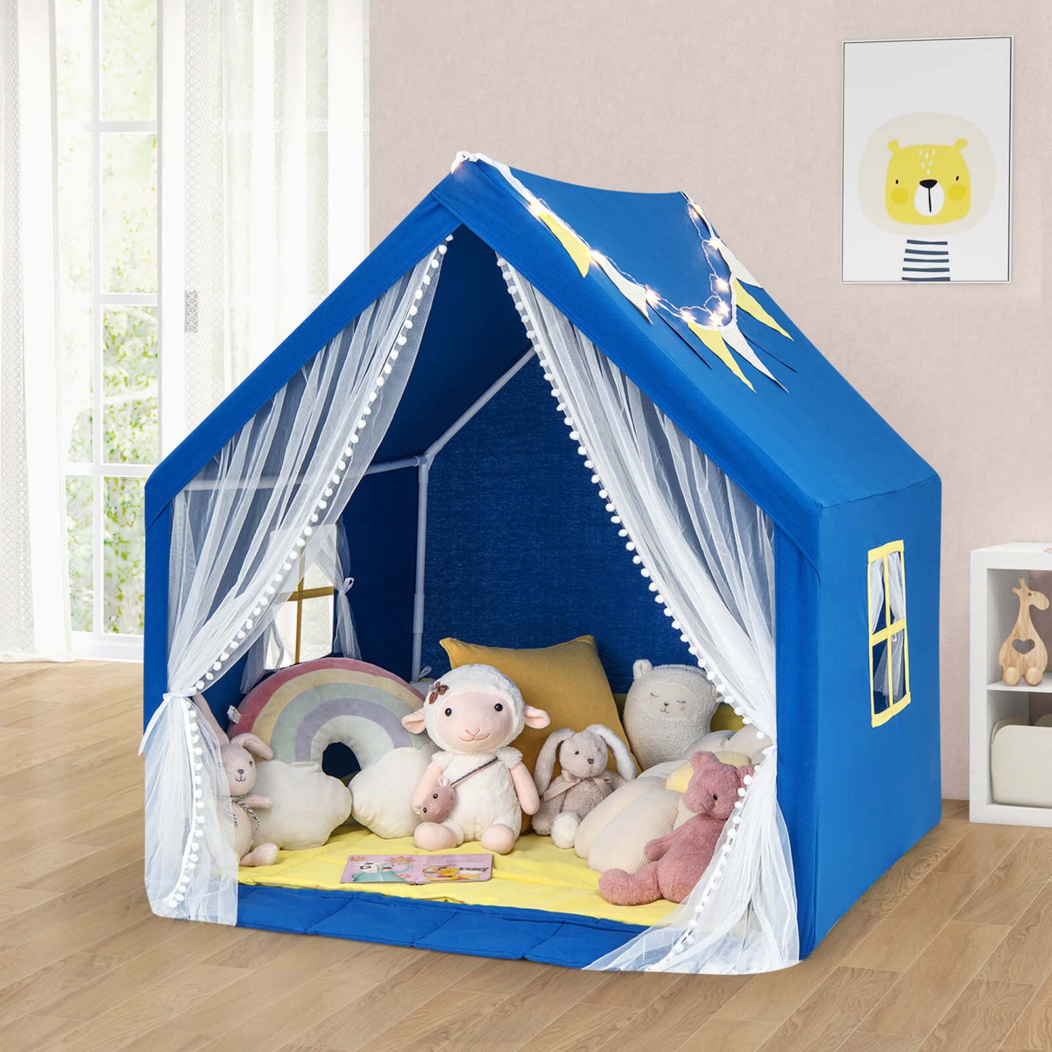 Grande tente de jeu pour enfants et tout-petits de Costway – maisonnette avec tapis en coton lavable, étoiles lumineuses