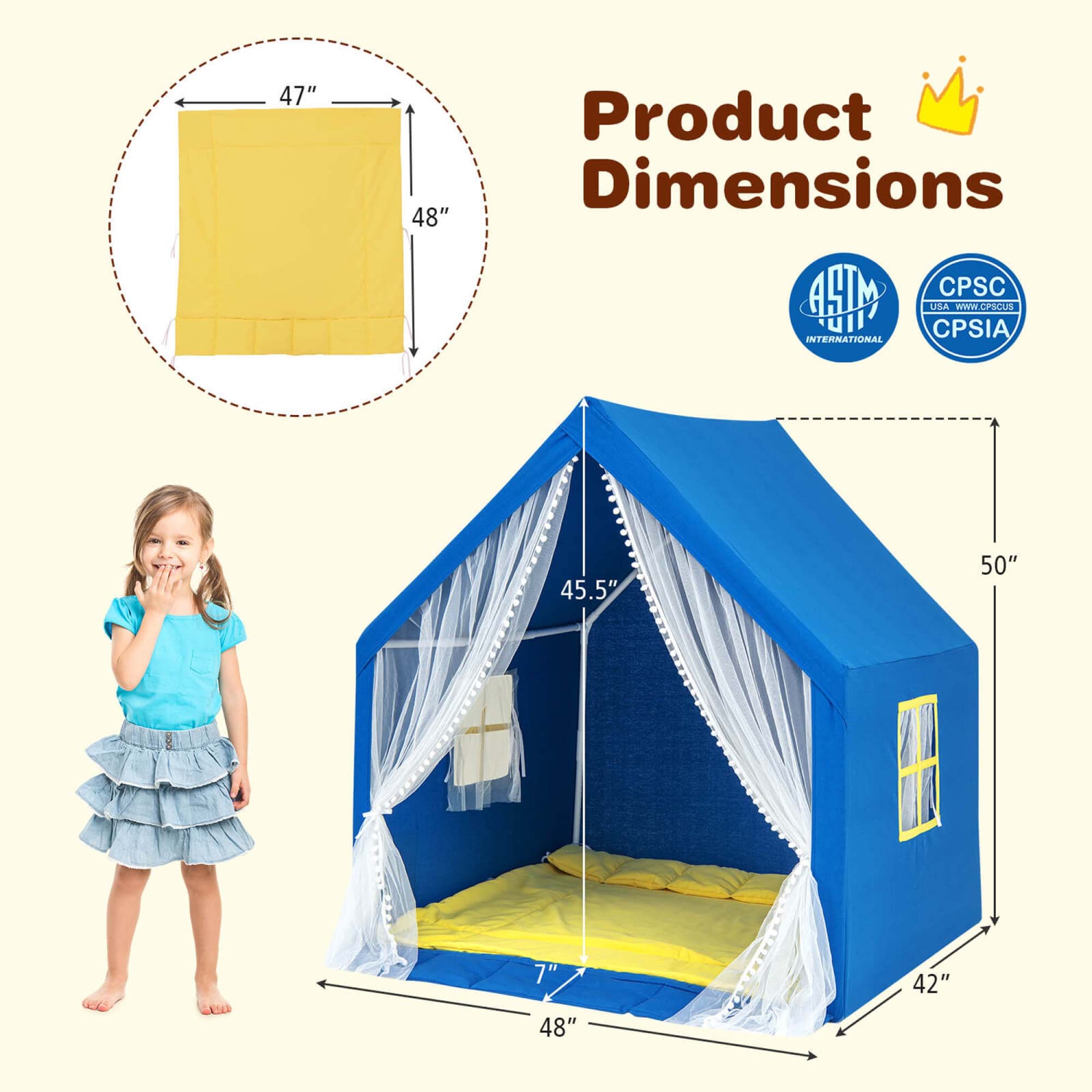 Grande tente de jeu pour enfants et tout-petits de Costway – maisonnette avec tapis en coton lavable, étoiles lumineuses