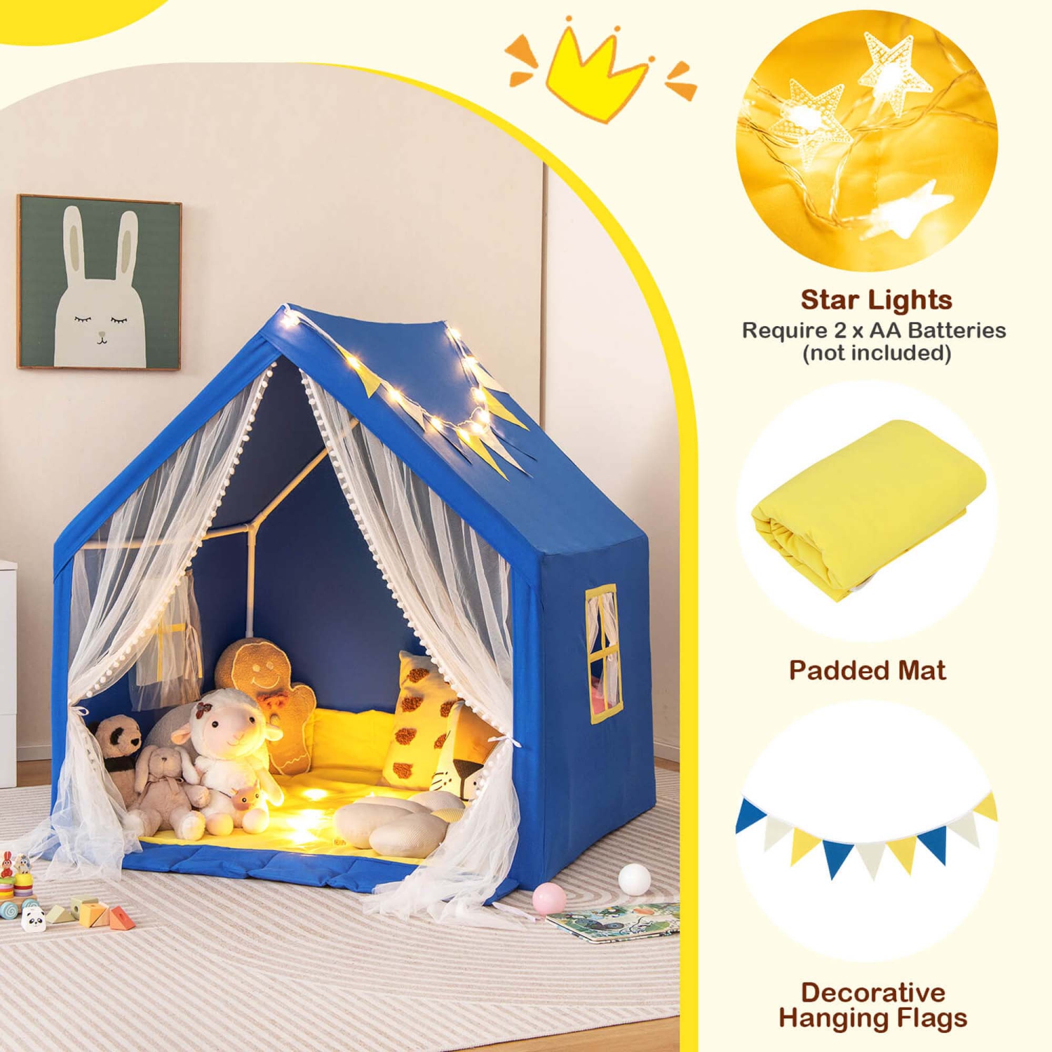 Grande tente de jeu pour enfants et tout-petits de Costway – maisonnette avec tapis en coton lavable, étoiles lumineuses
