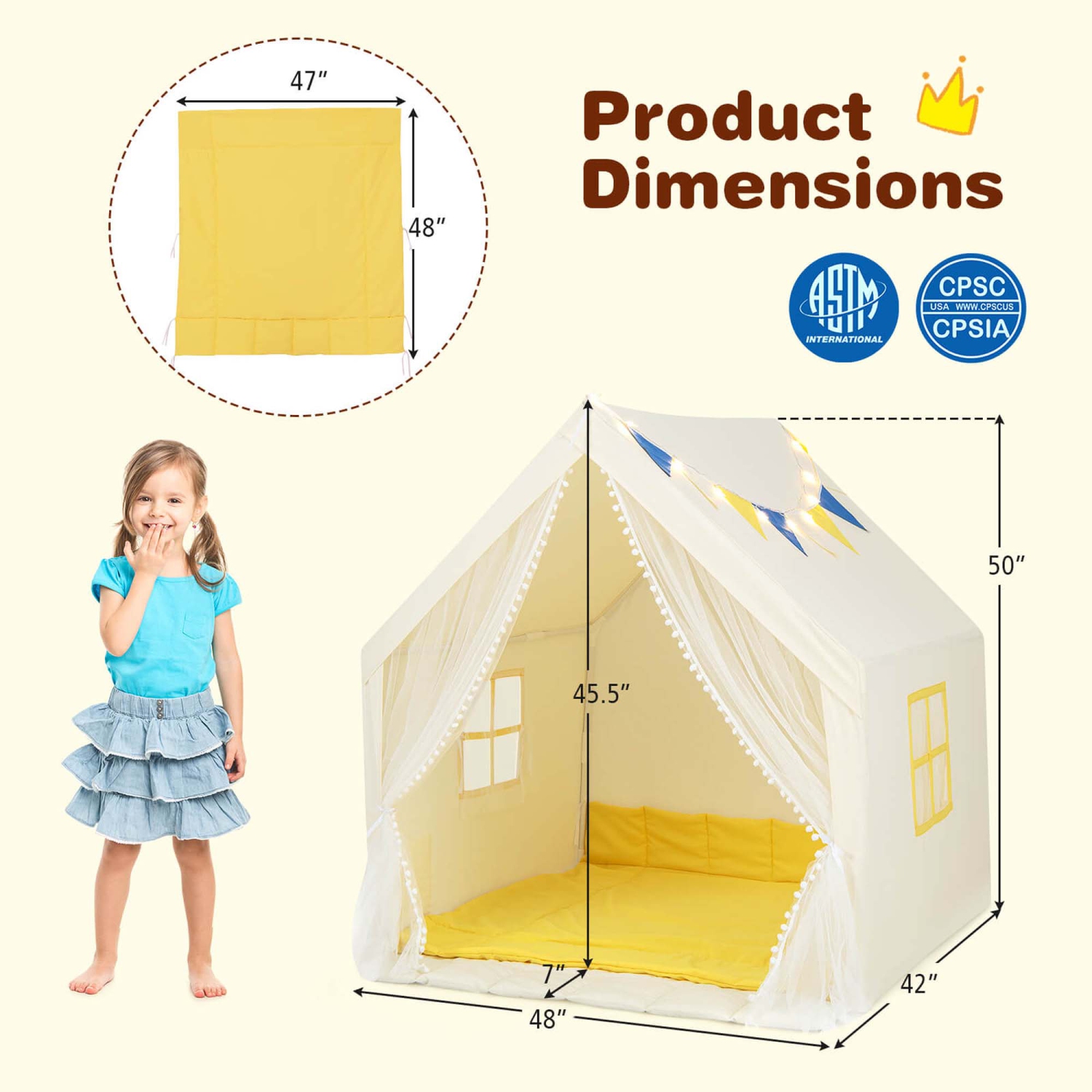 Costway Large Play Tent Kids & Toddlers Playhouse with Washable Cotton Mat, Star Lights