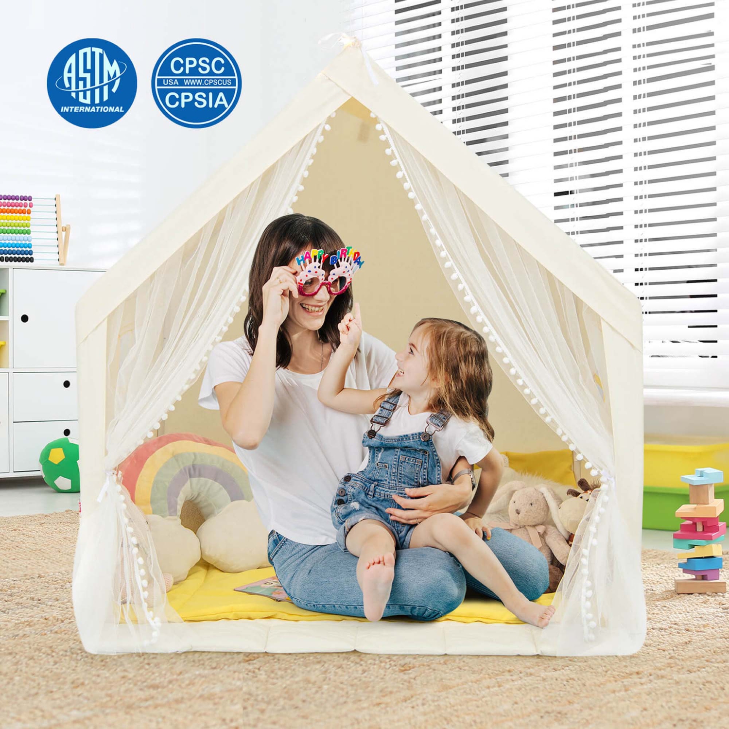 Costway Large Play Tent Kids & Toddlers Playhouse with Washable Cotton Mat, Star Lights