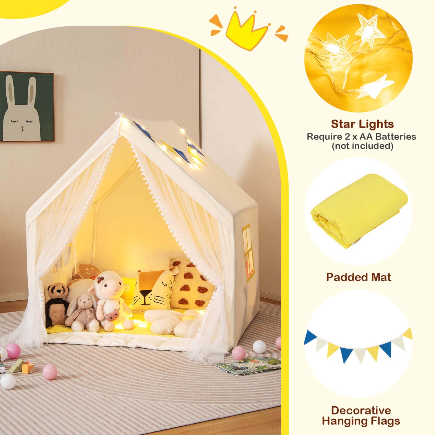 Costway Large Play Tent Kids & Toddlers Playhouse with Washable Cotton Mat, Star Lights