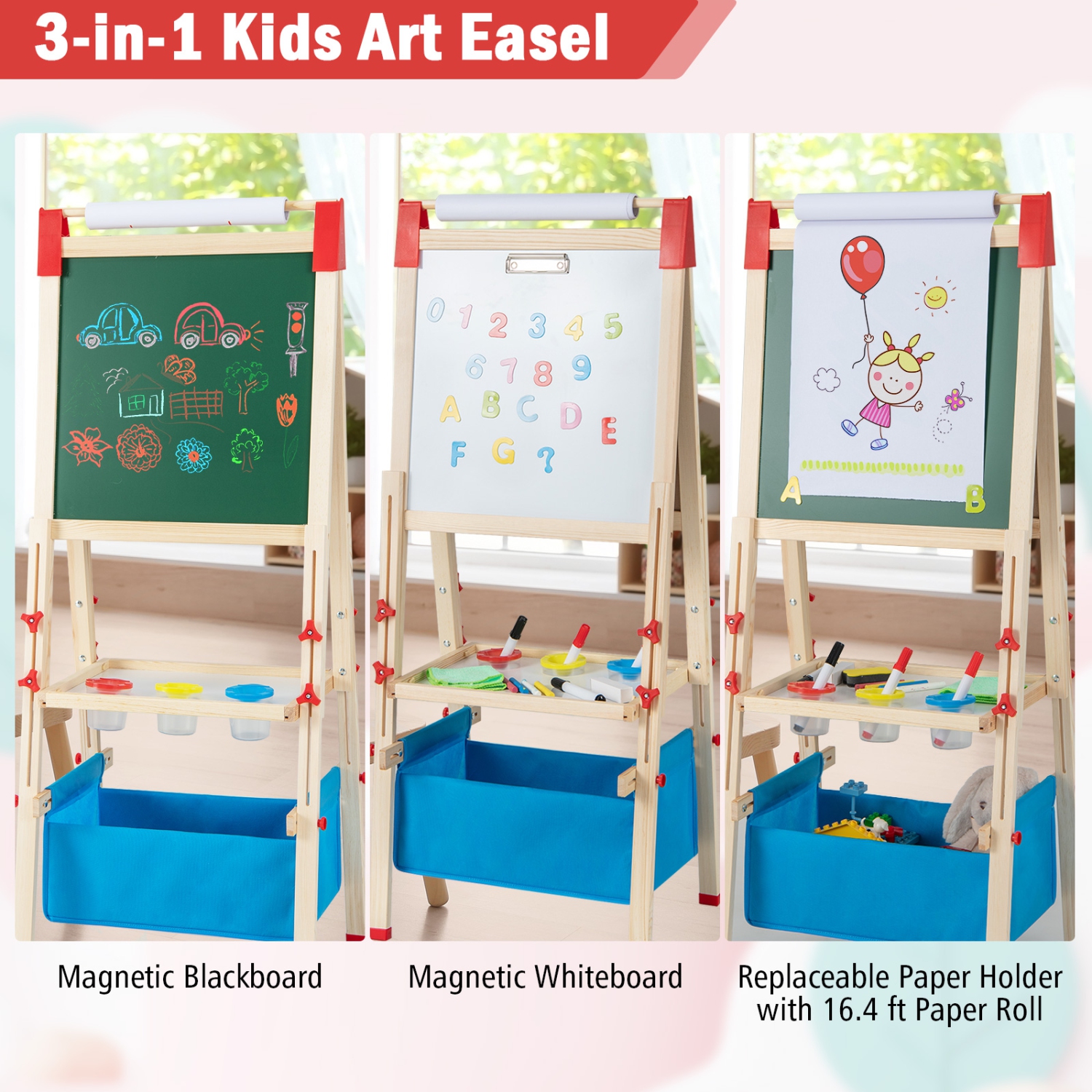 Costway 3-in-1 Kids Art Easel Double-Sided Wooden Adjustable Magnetic Drawing Board