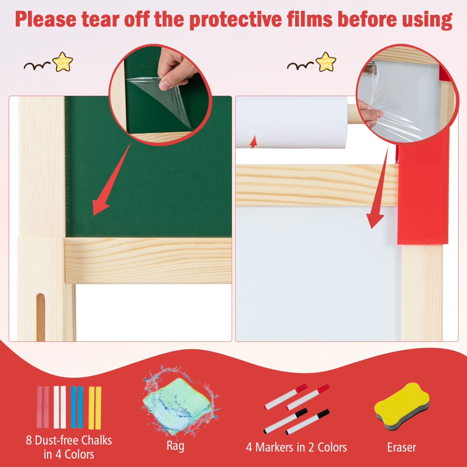 Costway 3-in-1 Kids Art Easel Double-Sided Wooden Adjustable Magnetic Drawing Board