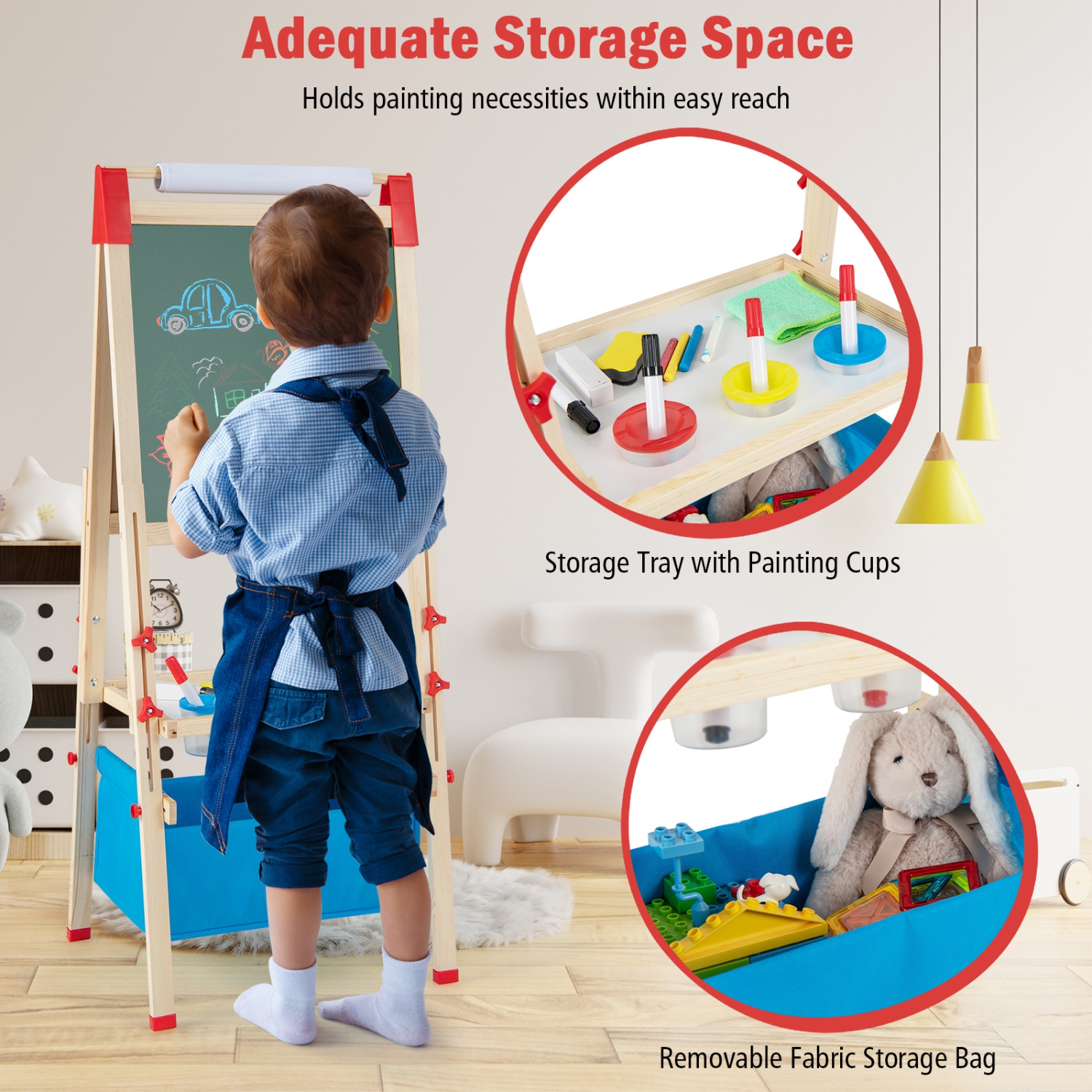 Costway 3-in-1 Kids Art Easel Double-Sided Wooden Adjustable Magnetic Drawing Board