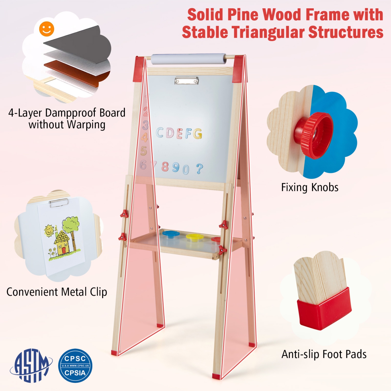 Costway 3-in-1 Kids Art Easel Double-Sided Wooden Adjustable Magnetic Drawing Board