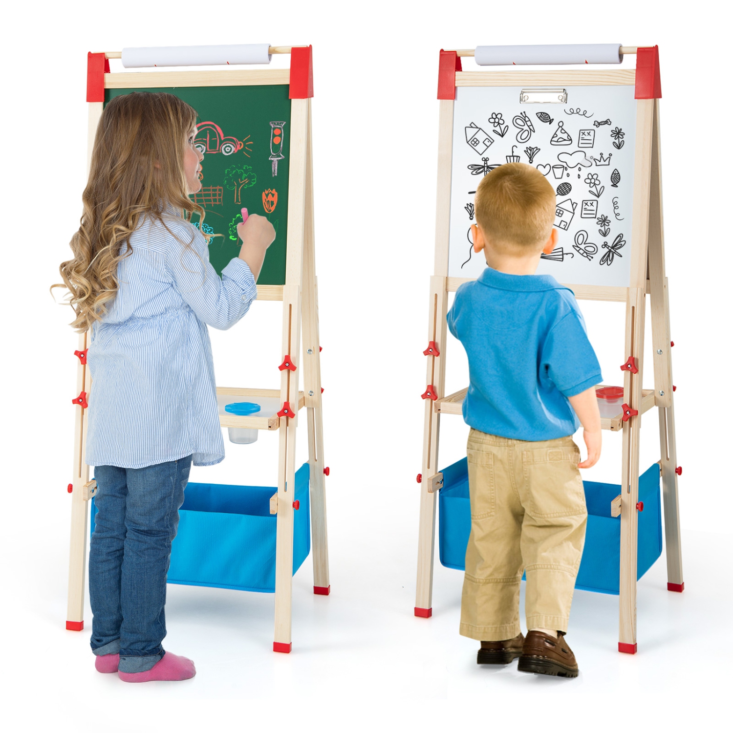 Costway 3-in-1 Kids Art Easel Double-Sided Wooden Adjustable Magnetic Drawing Board