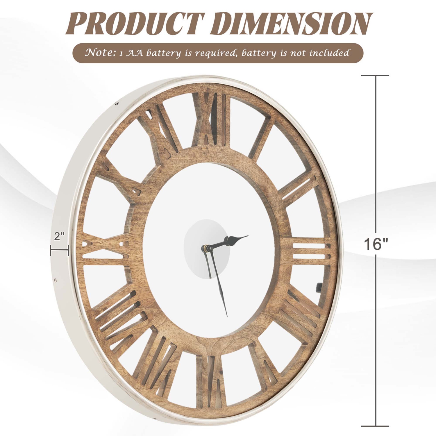 Horloge murale silencieuse de 16 po de Costway avec boîtier classique en verre pour numéros romains