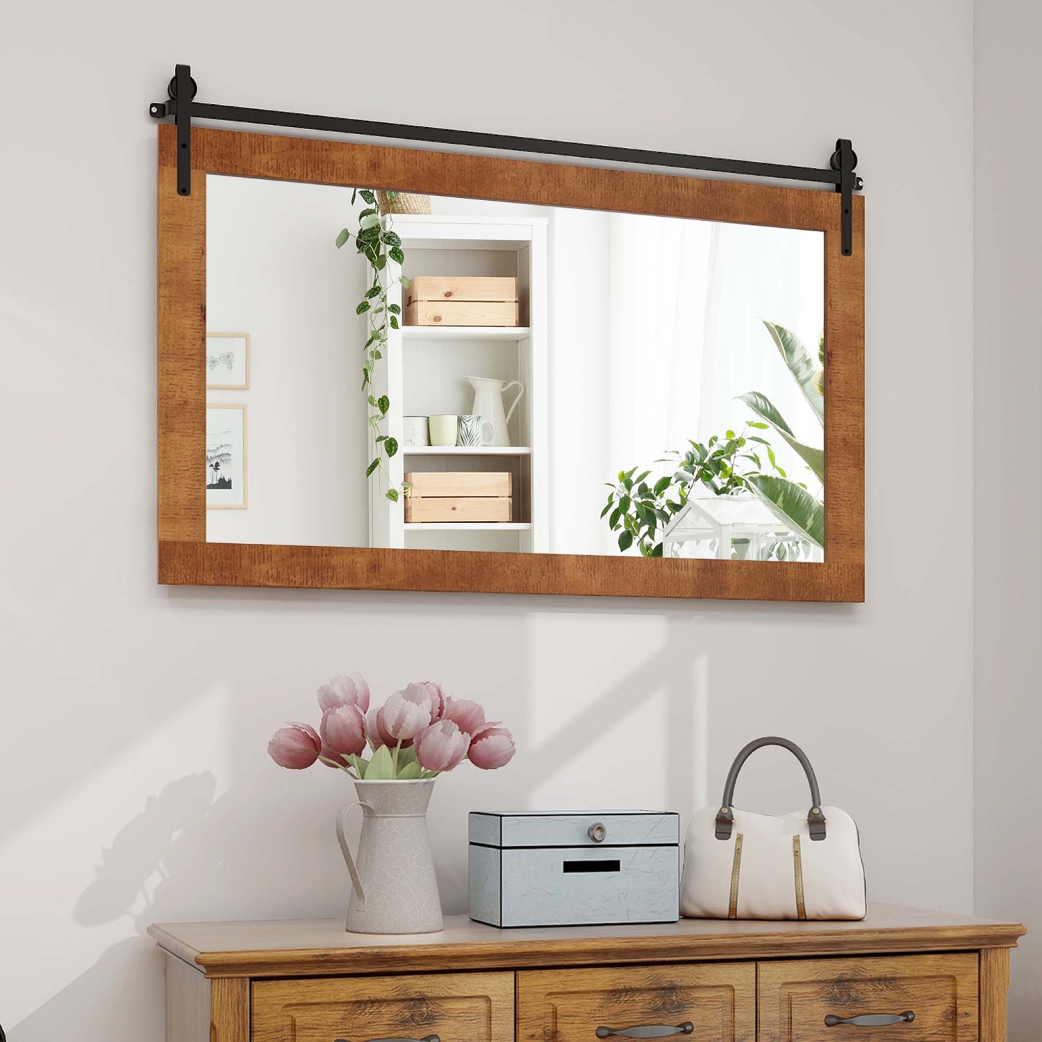 Costway Farmhouse Bathroom Wall Mounted Mirror 40" x 26" Explosion-proof Fir Wood Frame