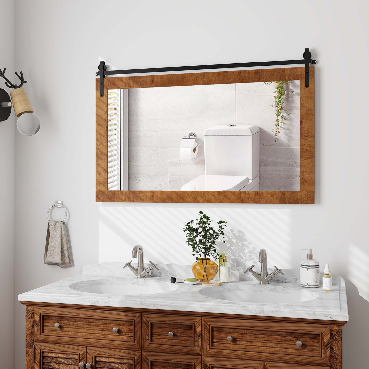 Costway Farmhouse Bathroom Wall Mounted Mirror 40" x 26" Explosion-proof Fir Wood Frame