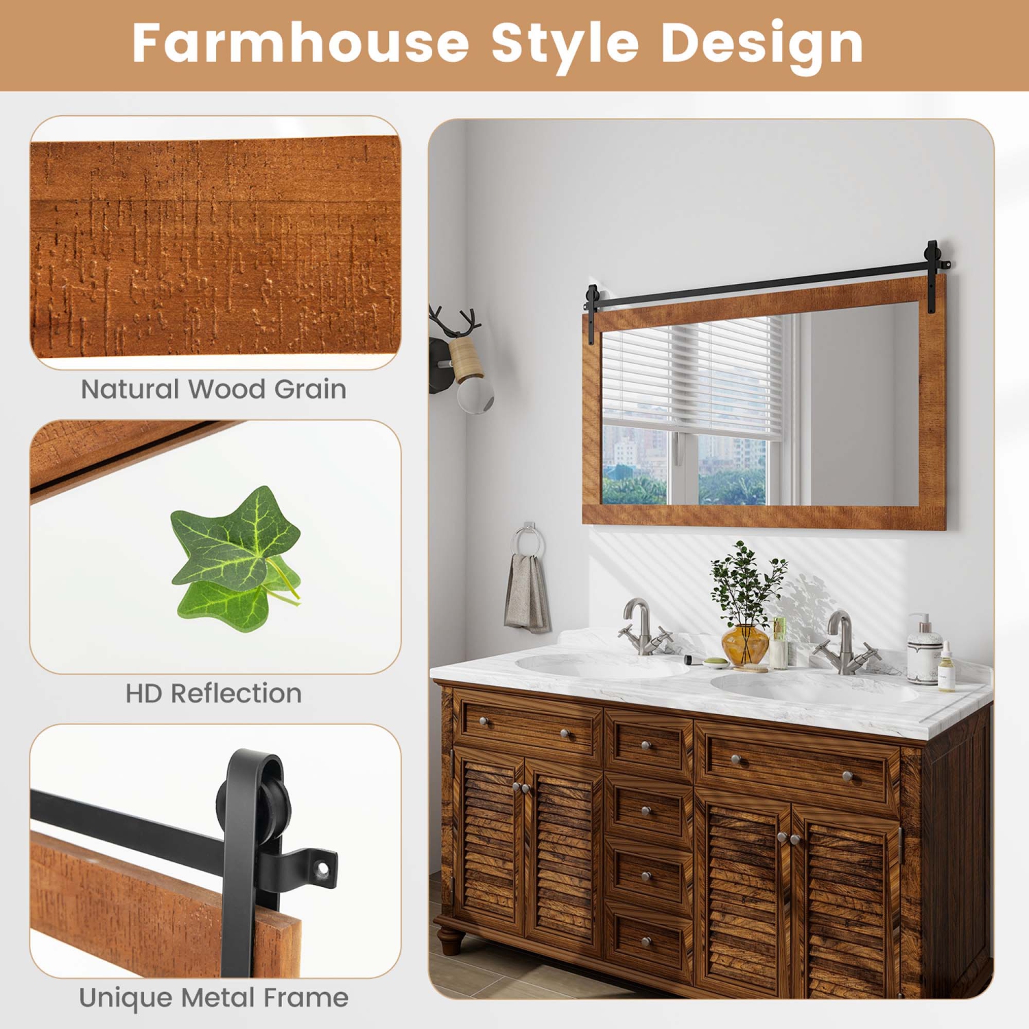 Costway Farmhouse Bathroom Wall Mounted Mirror 40" x 26" Explosion-proof Fir Wood Frame