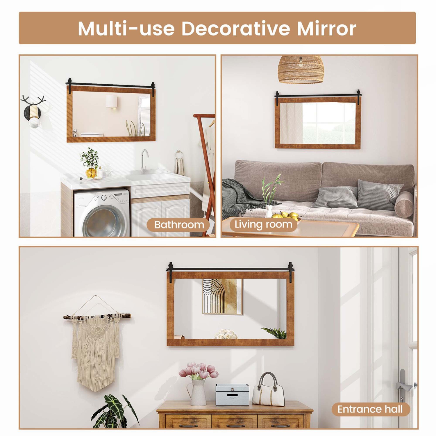 Costway Farmhouse Bathroom Wall Mounted Mirror 40" x 26" Explosion-proof Fir Wood Frame