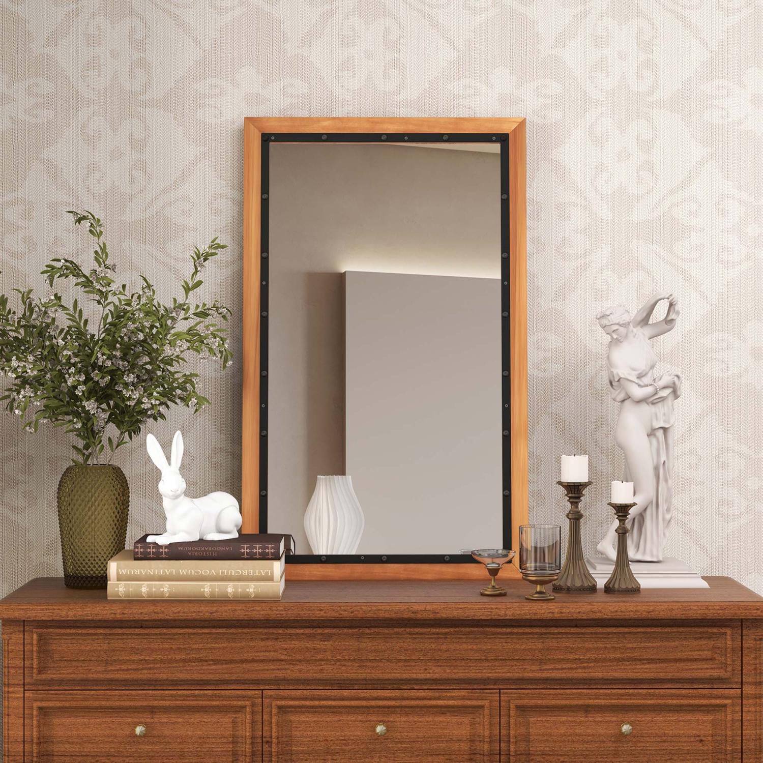 Costway Rectangular Wall Mount Mirror 22" x 36" Wood Framed Vanity Décor withHanging Hooks