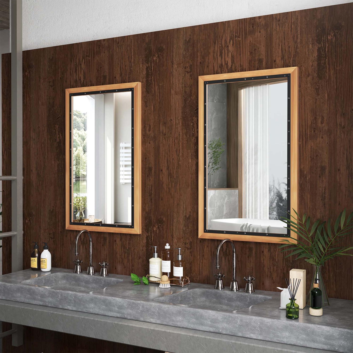 Costway Rectangular Wall Mount Mirror 22" x 36" Wood Framed Vanity Décor withHanging Hooks