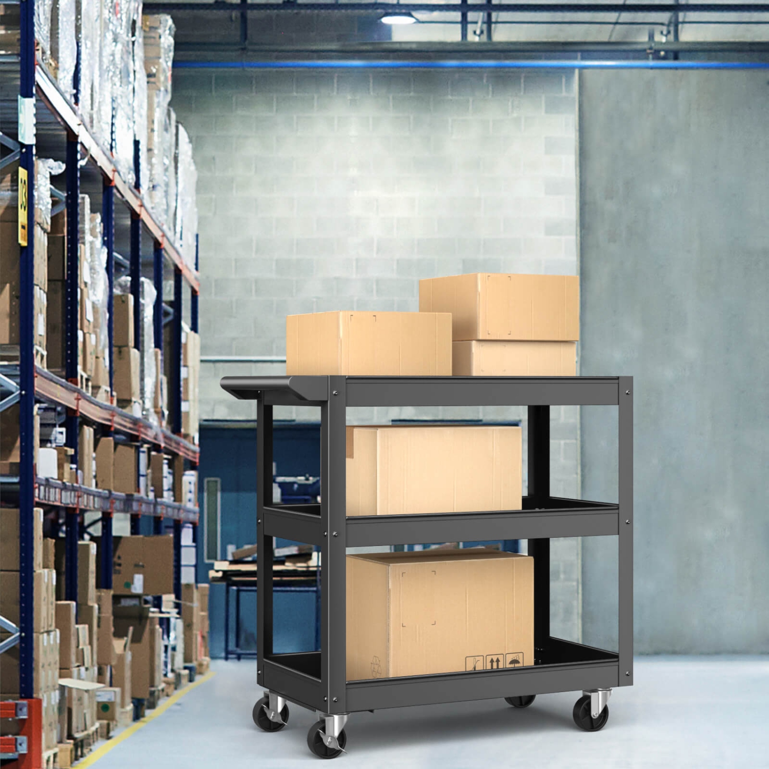 Costway 3-Tier Metal Utility Cart 400 lbs Storage Service Trolley Tool Storage Black