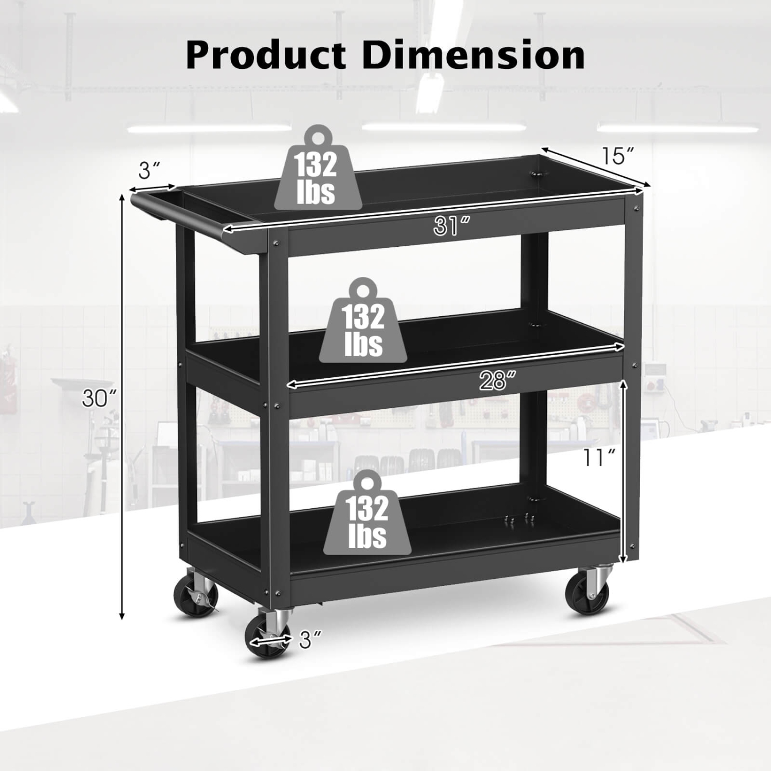 Costway 3-Tier Metal Utility Cart 400 lbs Storage Service Trolley Tool Storage Black