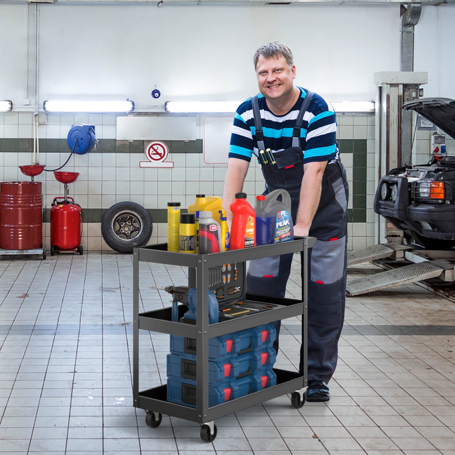 Costway 3-Tier Metal Utility Cart 400 lbs Storage Service Trolley Tool Storage Black