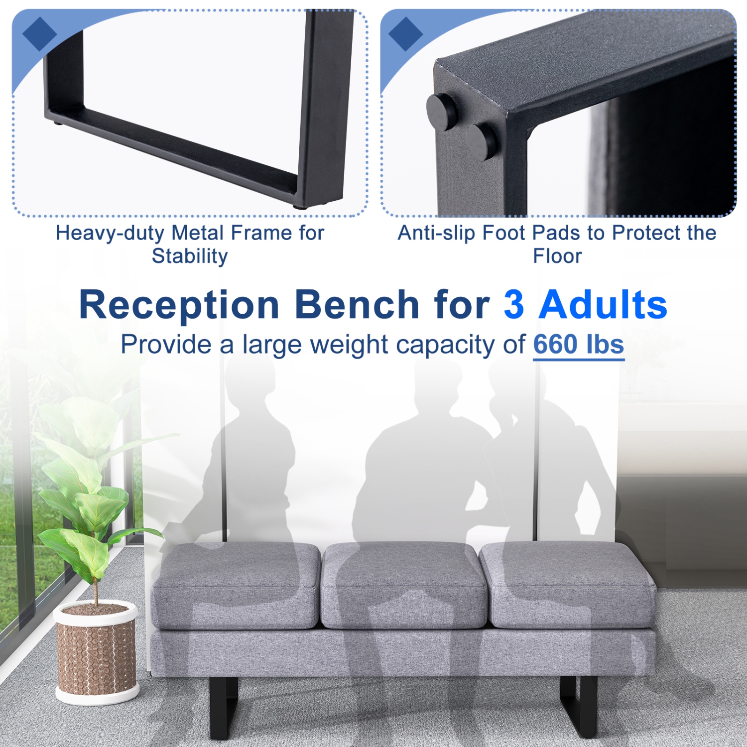 Banc de réception avec cadre en métal gris de Costway pour salle d'attente