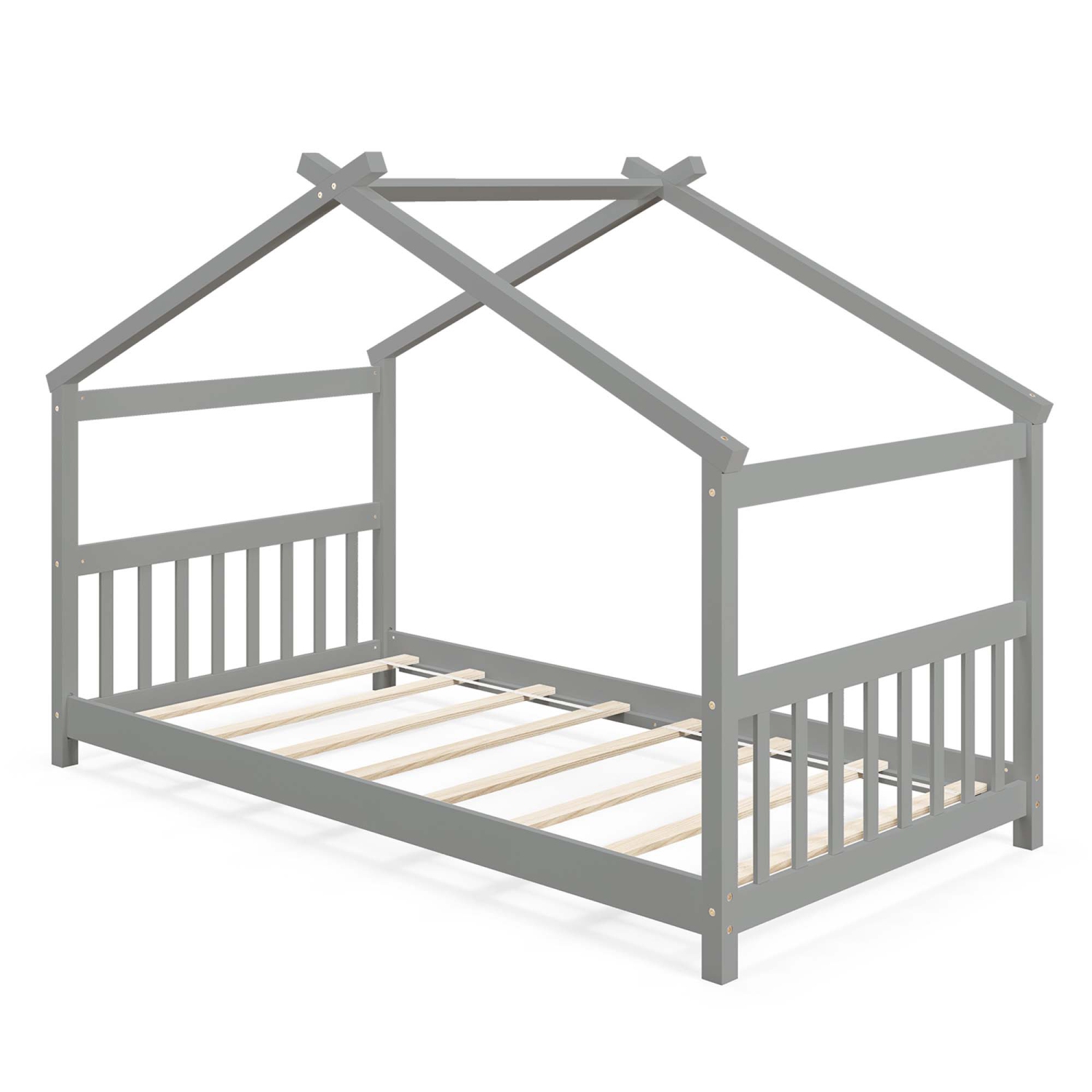 Costway Twin Size House Bed with Roof Wooden Low Floor Bed No Box Spring Needed Natural/Gray/White