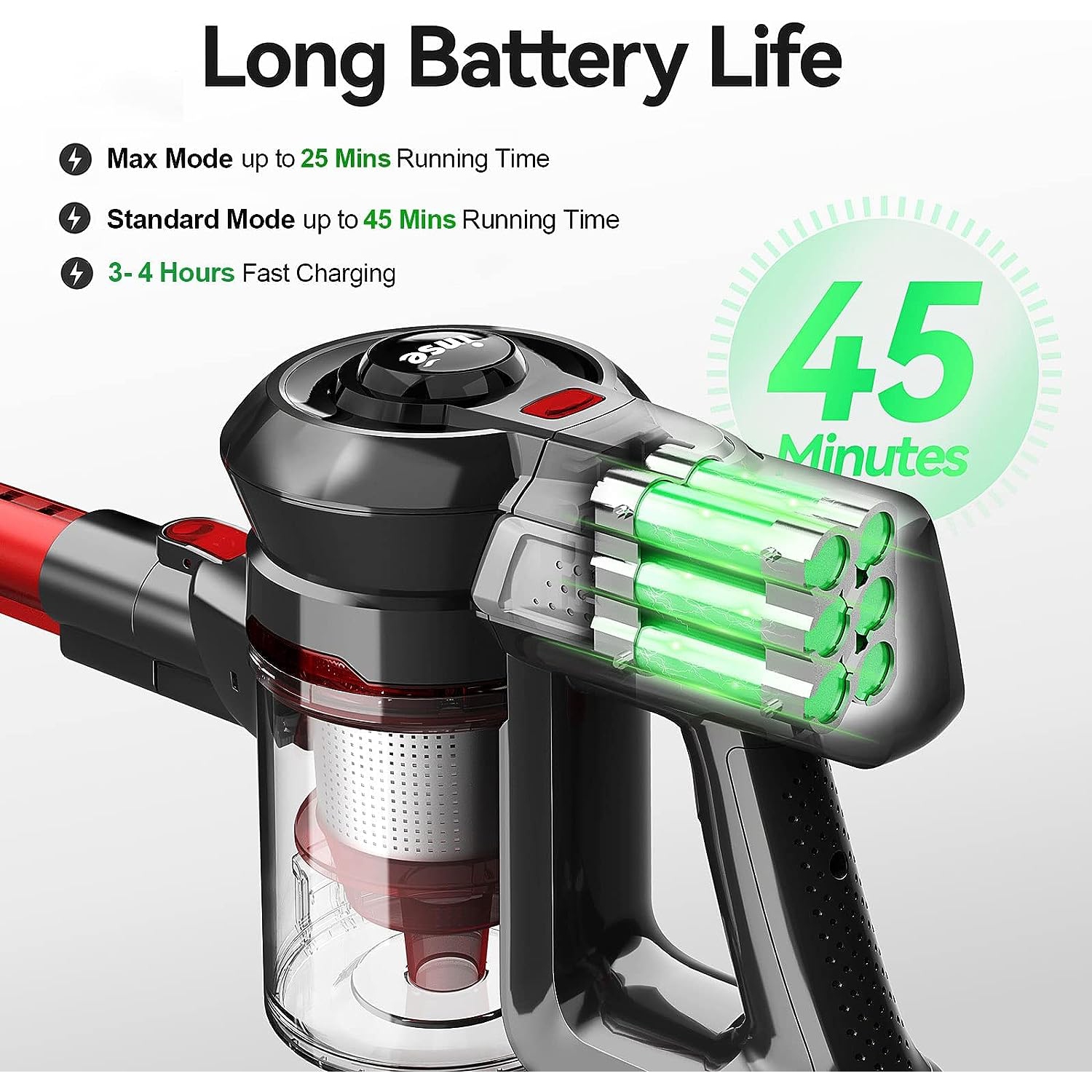 Aspirateur-balai sans fil N6 d'INSE, batterie rechargeable 2200&nbsp;mAh, 6-en-1, autonomie jusqu'à 45 minutes - Rouge