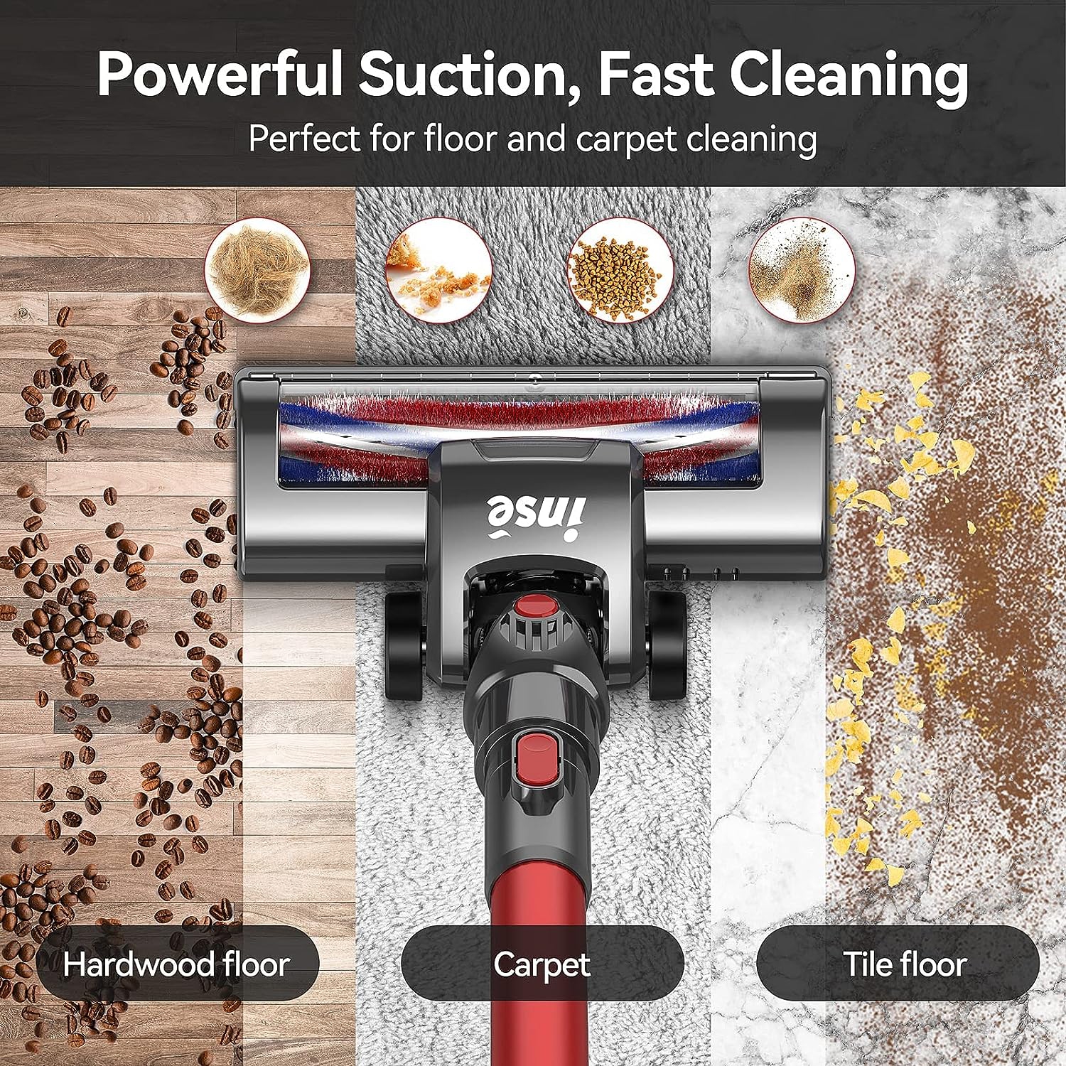 Aspirateur-balai sans fil N6 d'INSE, batterie rechargeable 2200&nbsp;mAh, 6-en-1, autonomie jusqu'à 45 minutes - Rouge