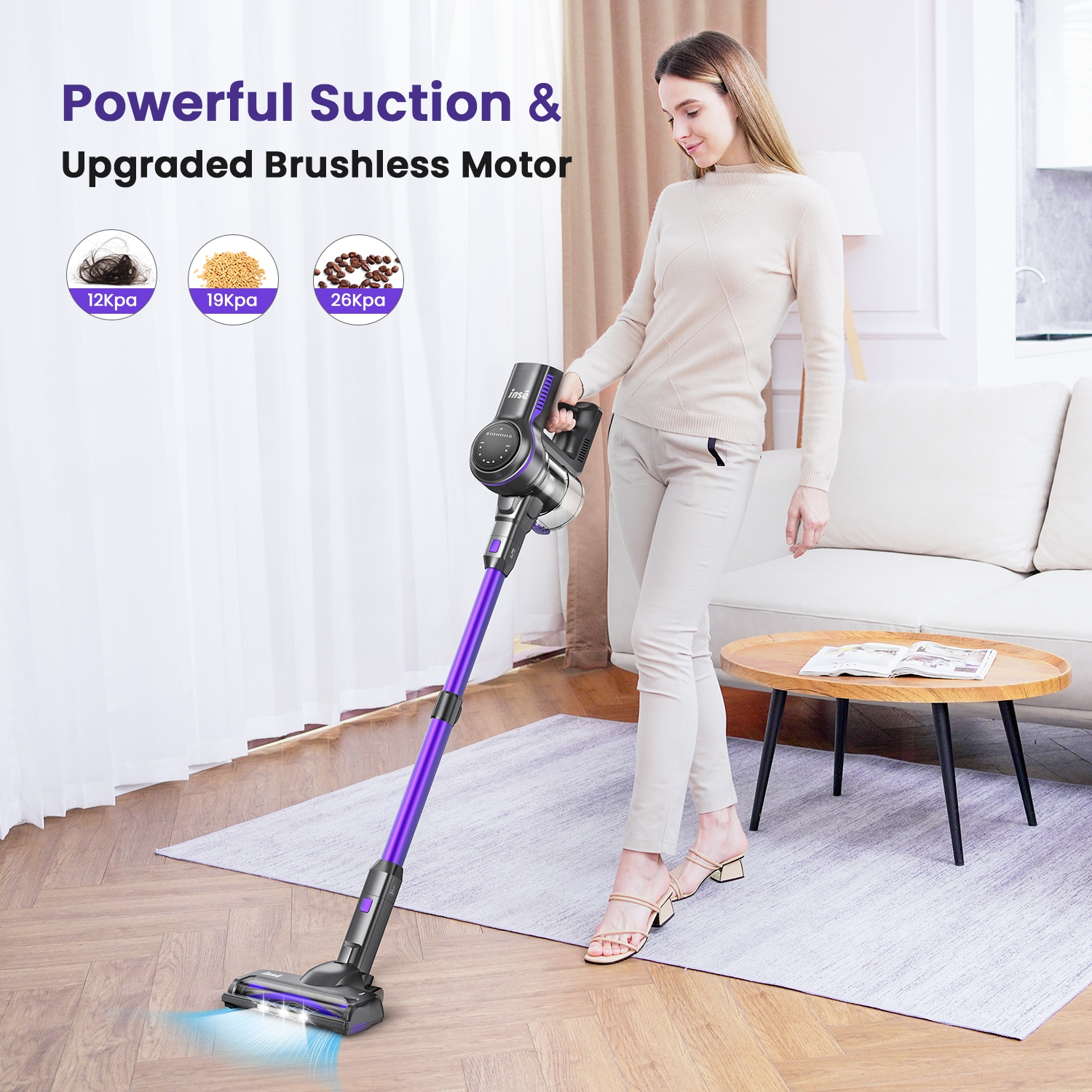 Aspirateur sans fil S7P d'INSE Moteur sans balais 50Kpa 6-en-1 Batterie rechargeable légère jusqu'à 45 minutes de fonctionnement Poids léger pour