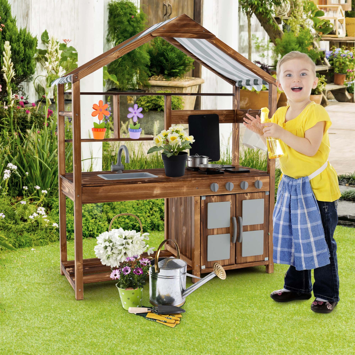 Costway Wooden Mud Kitchen with Chalkboard, Stoves, Removable Sink & Accessories Natural