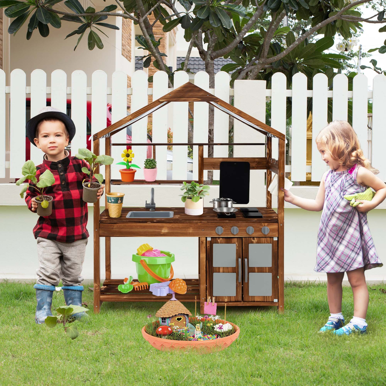 Costway Wooden Mud Kitchen with Chalkboard, Stoves, Removable Sink & Accessories Natural