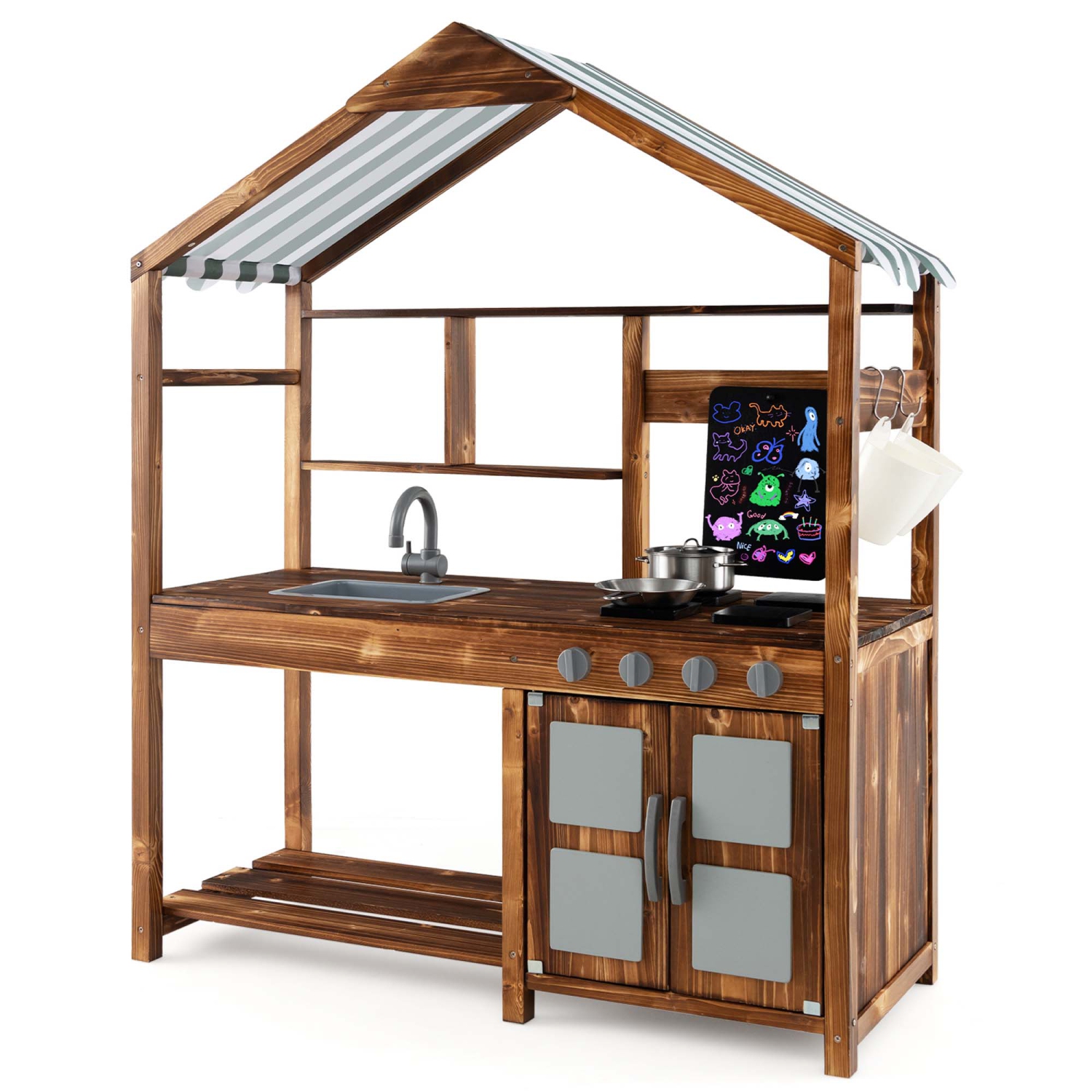Costway Wooden Mud Kitchen with Chalkboard, Stoves, Removable Sink & Accessories Natural