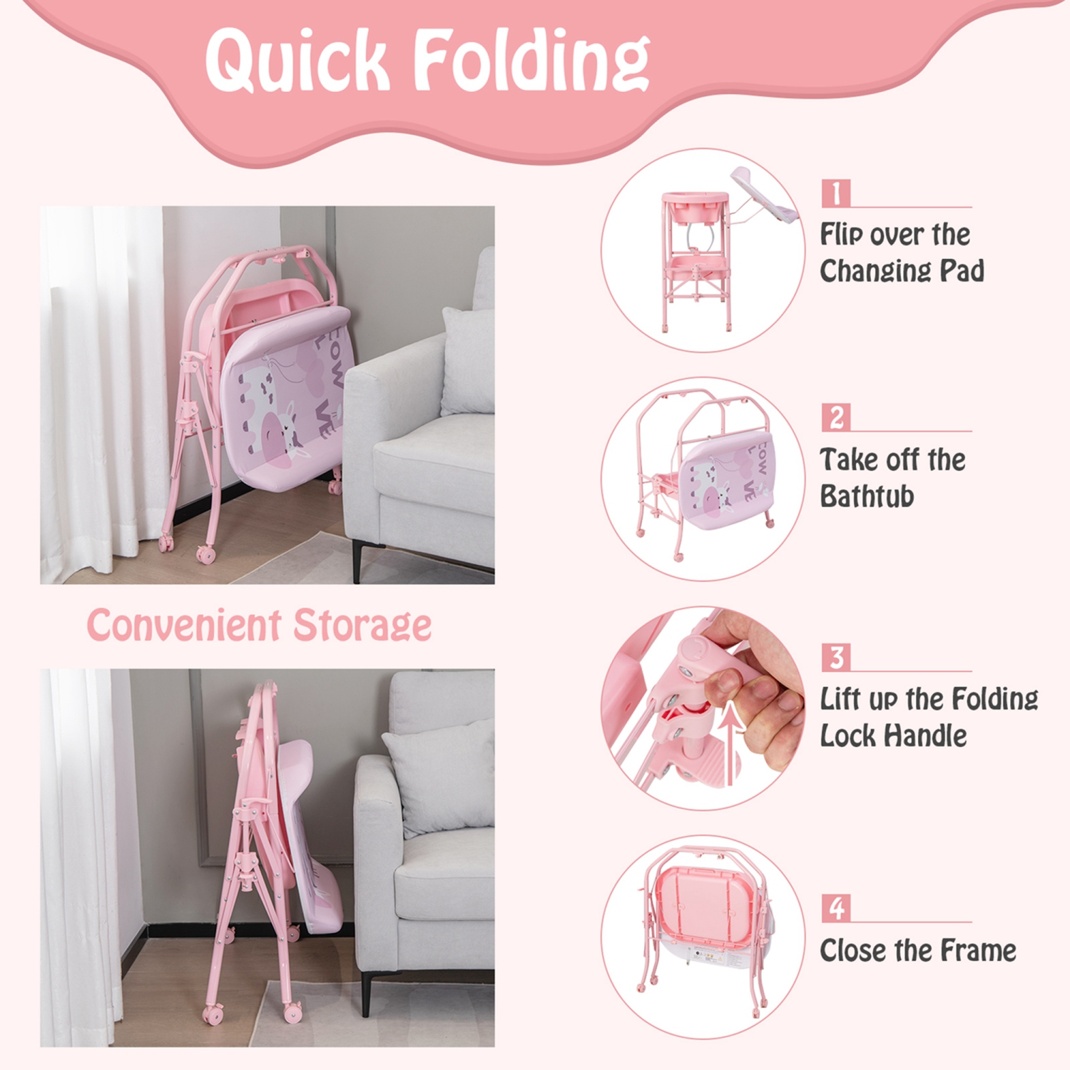 Table à langer avec baignoire repliable et station à couches portative avec roulettes de Babyjoy Baby