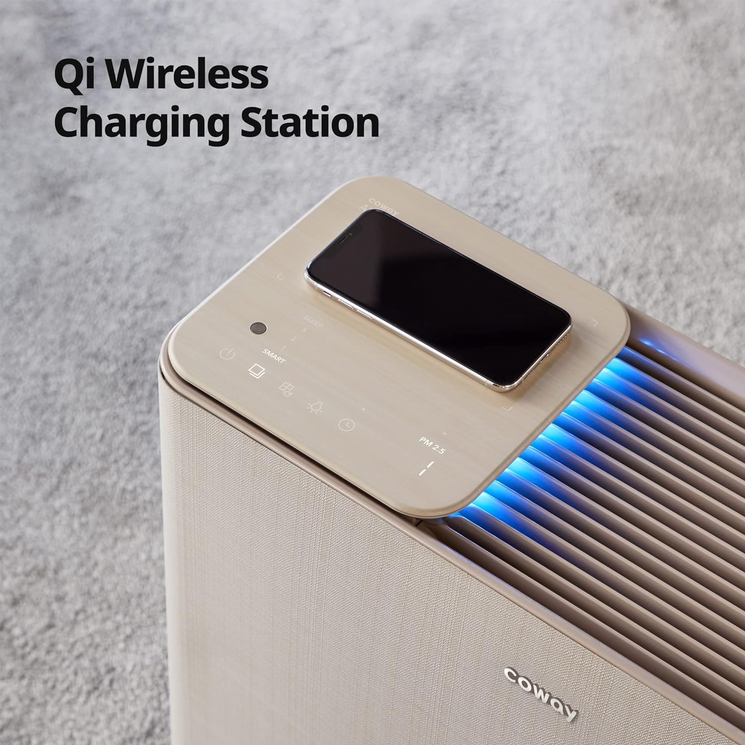 Coway Airmega Icon True HEPA Air Purifier with Air Quality Monitoring, Auto, Filter Indicator, and Wireless Device Charger, Covers 649 sq. ft, Beige